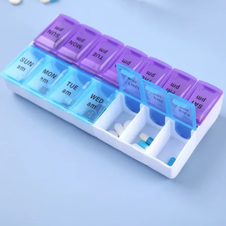 New Weekly Pill Organizer, Portable 7-Day Travel Pill Case with 14 Grids for Vitamins, Medicine & Fish Oil Tablets